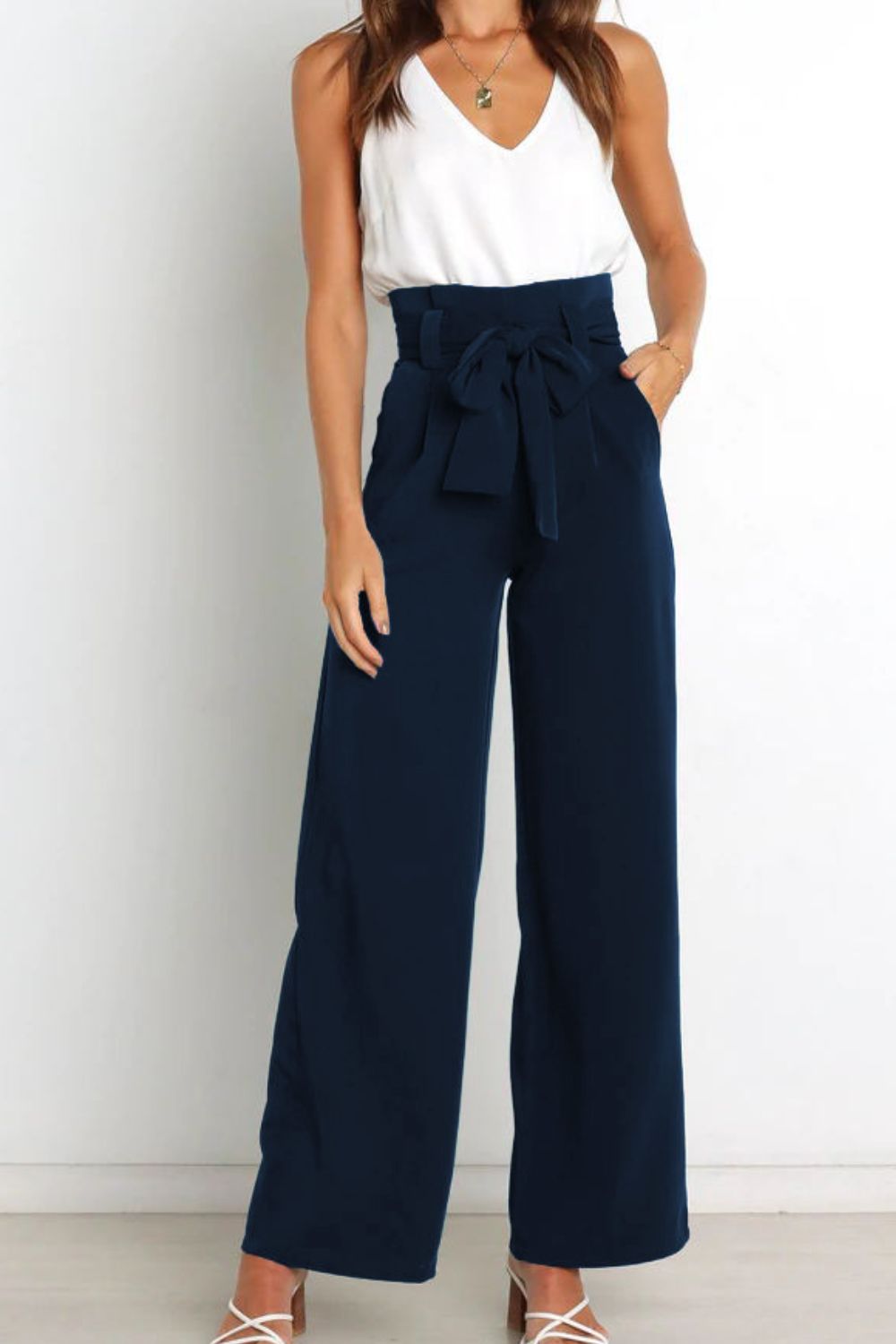 Street-Wave High Waist Paperbag Pants With Tie Detail - Women's Office Chic Wide-Leg Trousers