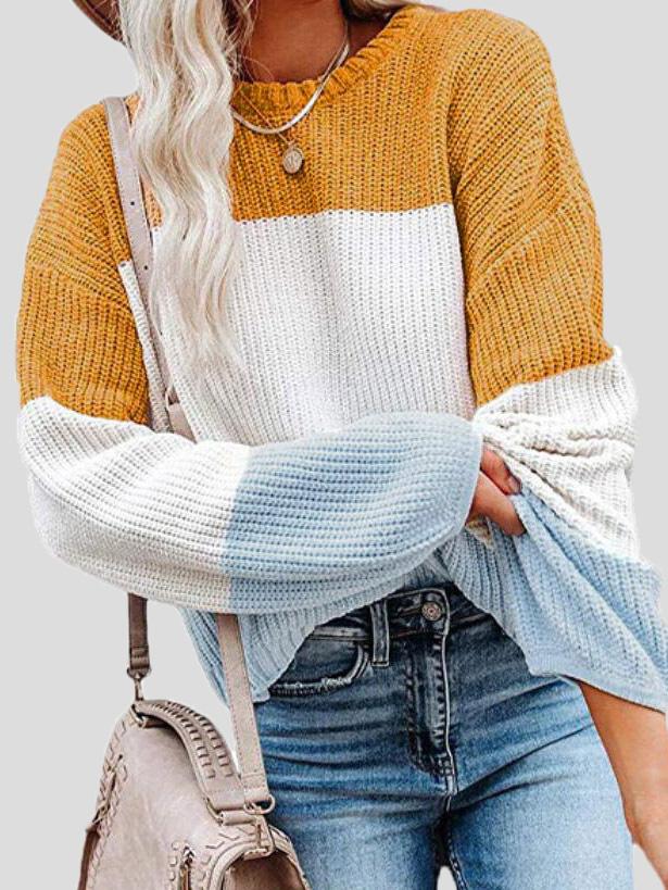 Street-Wave Colorblock Knit Pullover for Fall Layering Cozy Soft Tricolor Sweater for Women