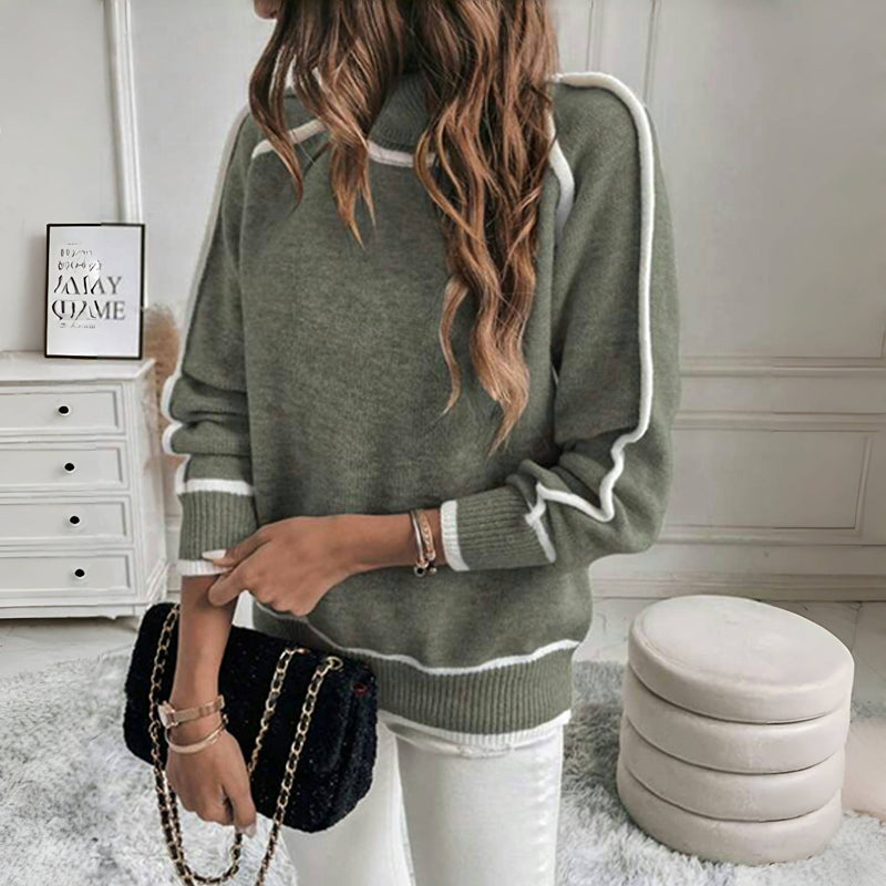 Street-Wave Womens High Collar Knit Pullover With Contrast Trim For Cozy Everyday Warmth