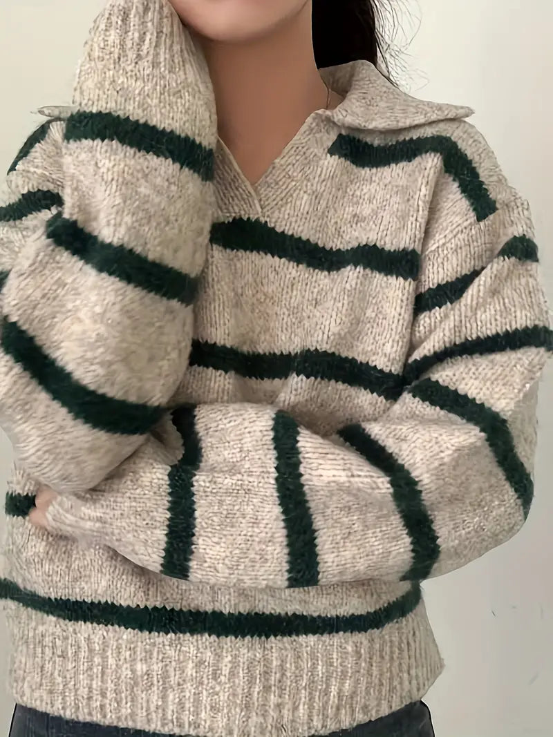 Street-wave Striped V-Neck Knit Sweater for Women, Cozy Comfort, Timeless Style Everyday Wear