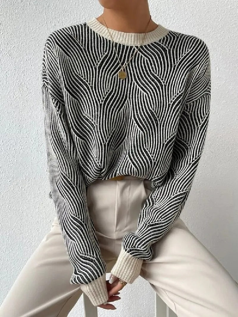 Street-wave Abstract Pattern Knit Sweater For Women, Relaxed Fit Cozy Knitwear For Everyday