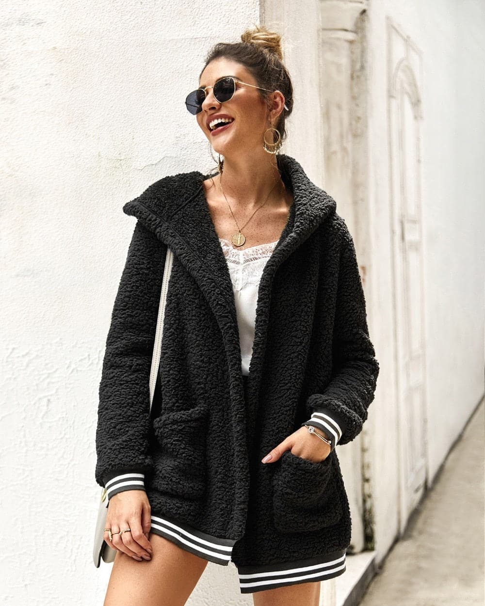 Street-wave Fleece Jacket Women Oversized Sherpa Hooded With Large Pockets Soft Warm Comfort