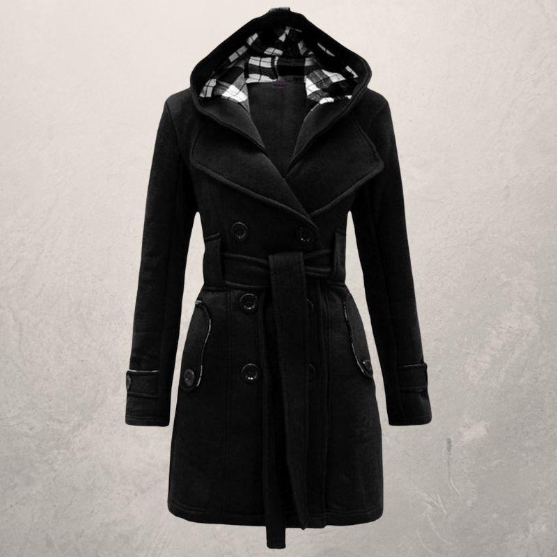Street-wave Womens Hooded Double-Breasted Trench Coat With Belt, Classic Silhouette