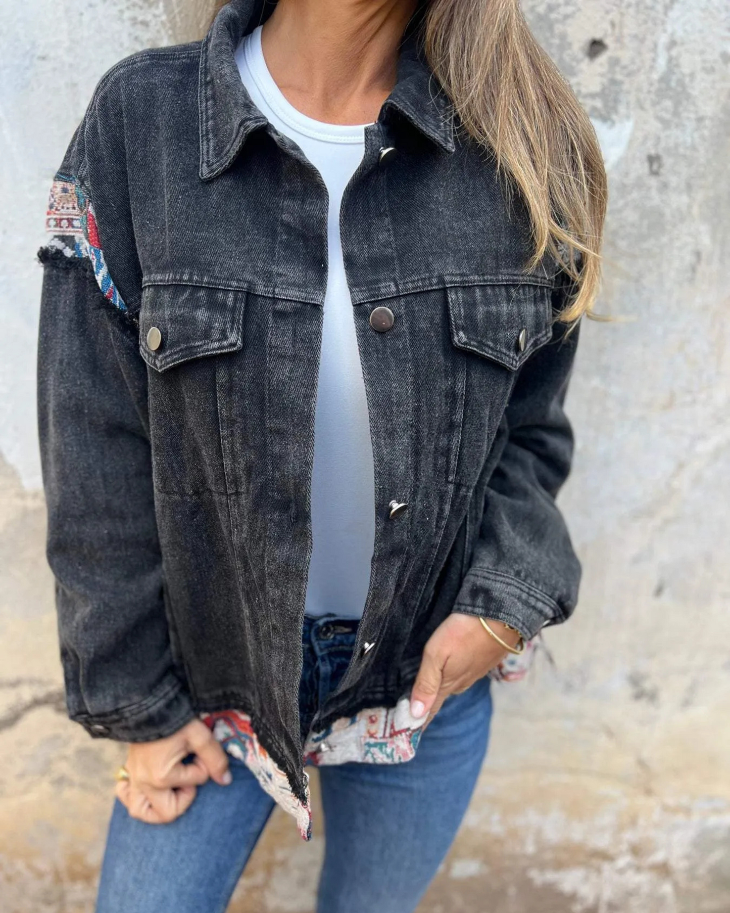 Street-Wave Denim Patchwork Jacket For Women, Soft Cozy Casual Streetwear With Frayed Hem