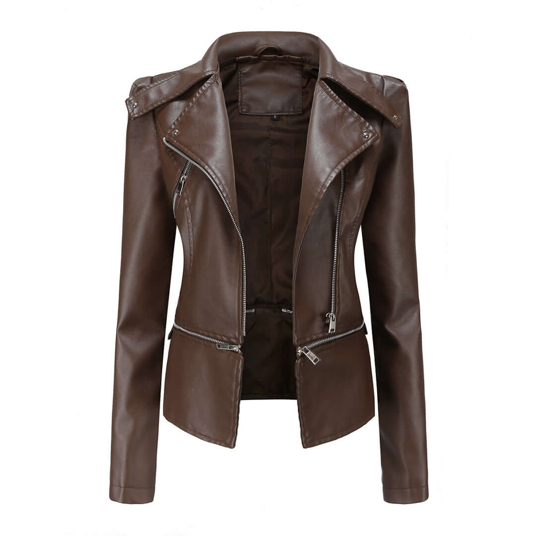 Street-wave Womens Rugged Leather Biker Jacket With Asymmetric Zip Front And Zippered Pockets