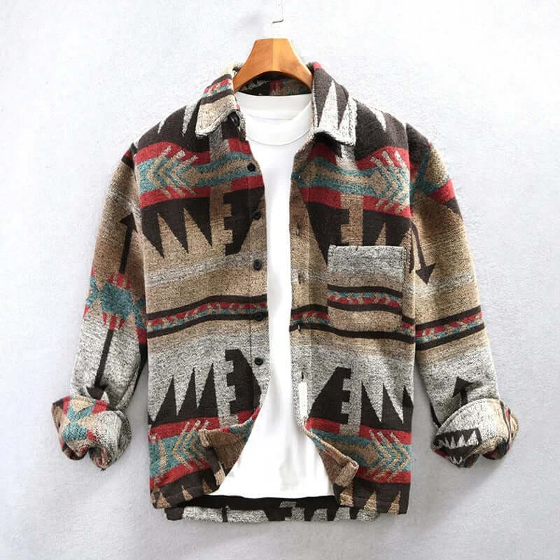 Street-wave Aztec Print Shirt Jacket For Men Warm Cozy Style Outerwear For Rugged Everyday