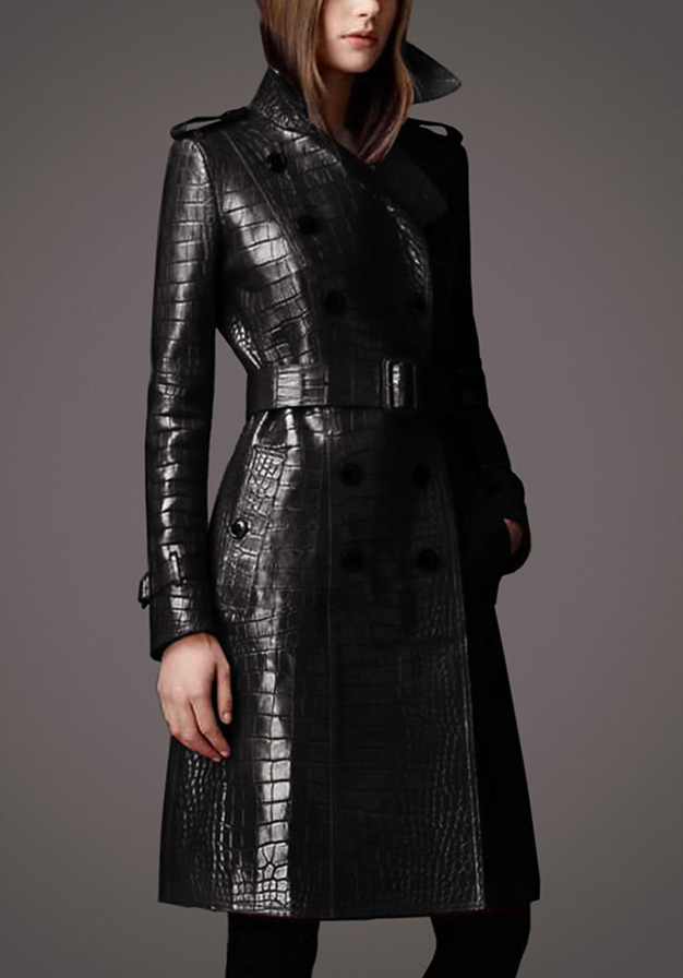Street-Wave Crocodile Print Faux Leather Coat for Women, Red, Double Button Closure, Bold Look