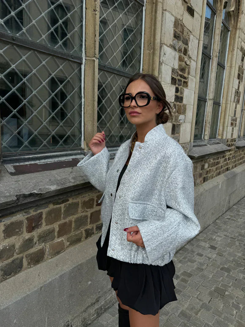 Street-wave Metallic Glitter Bomber Jacket For Women, Modern Design, Chic Everyday Style