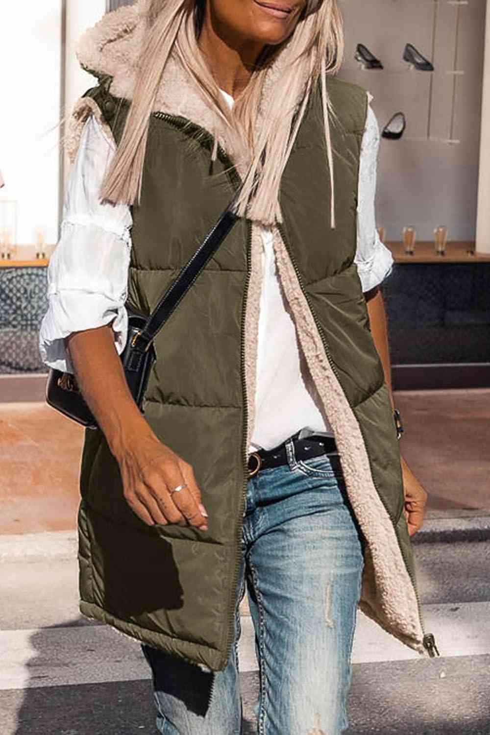 Street Wave Zip Up Longline Puffer Vest Hooded For Women Plush Lining Warmth Winter Ready