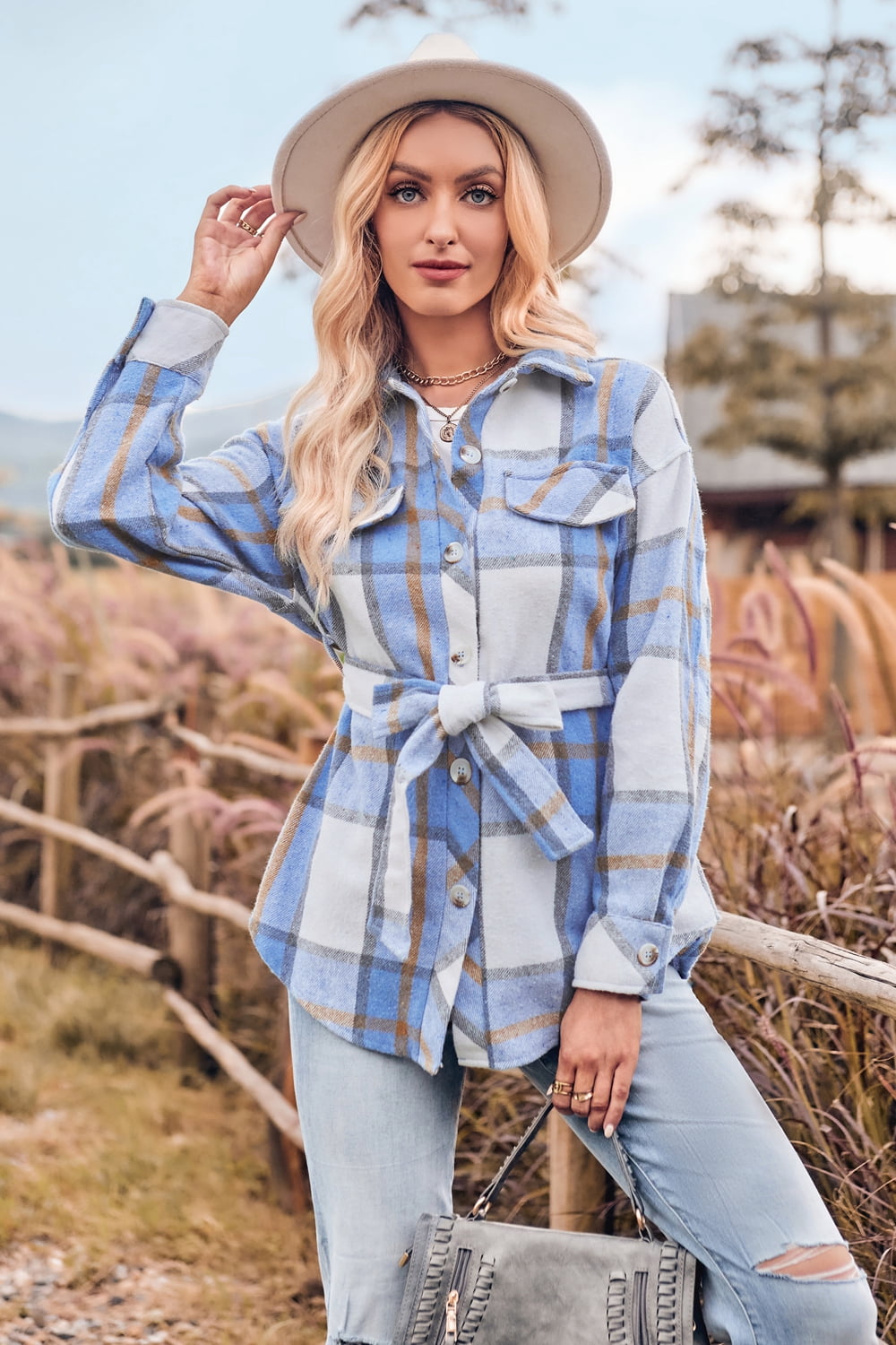 Street Wave Plaid Collared Shirt Jacket With Front Bow For Women Relaxed Fit Casual Everyday Wear