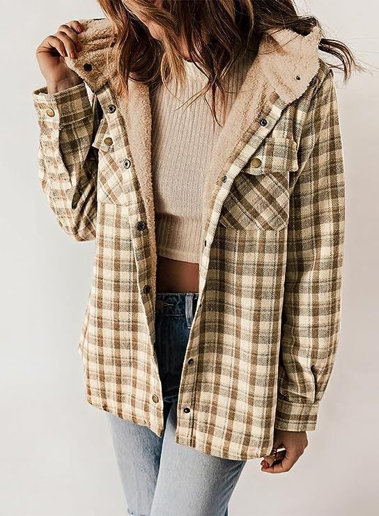 Street-Wave Plaid Wool Jacket With Hood Buckle For Women Warm Cozy All-Season Outerwear