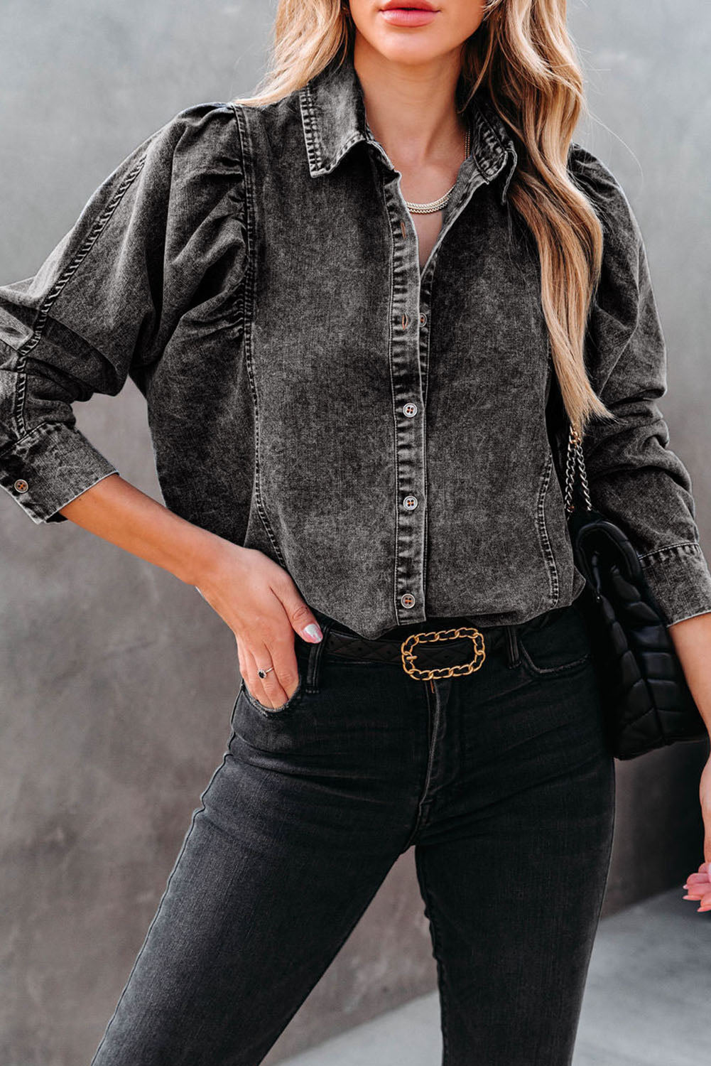 Street-wave Denim Puff Sleeve Blouse Cotton Classic Elegance For Modern Women, Versatile Wardrobe Essential