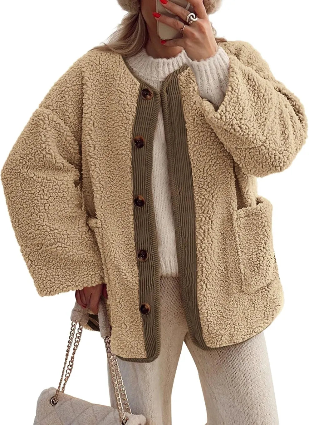 Street Wave Women Sherpa Fleece Jacket Warm Button Up Winter Coat With Cozy Plush