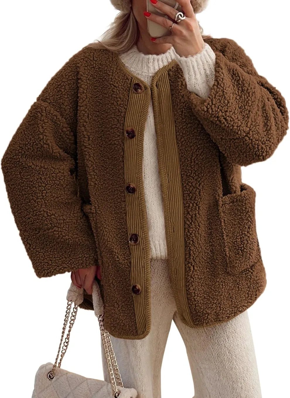 Street Wave Women Sherpa Fleece Jacket Warm Button Up Winter Coat With Cozy Plush