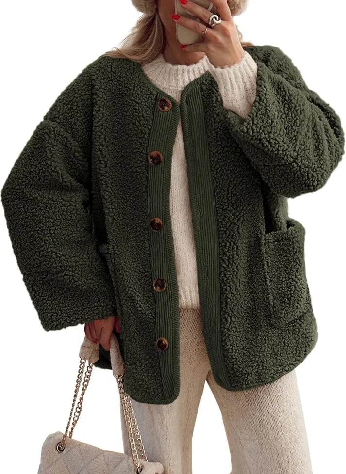 Street Wave Women Sherpa Fleece Jacket Warm Button Up Winter Coat With Cozy Plush