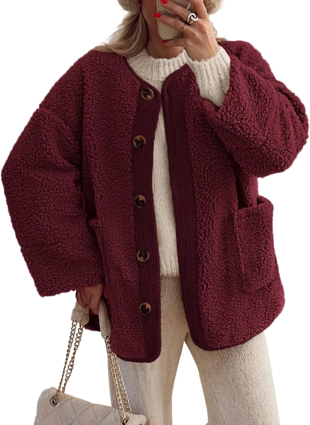 Street Wave Women Sherpa Fleece Jacket Warm Button Up Winter Coat With Cozy Plush