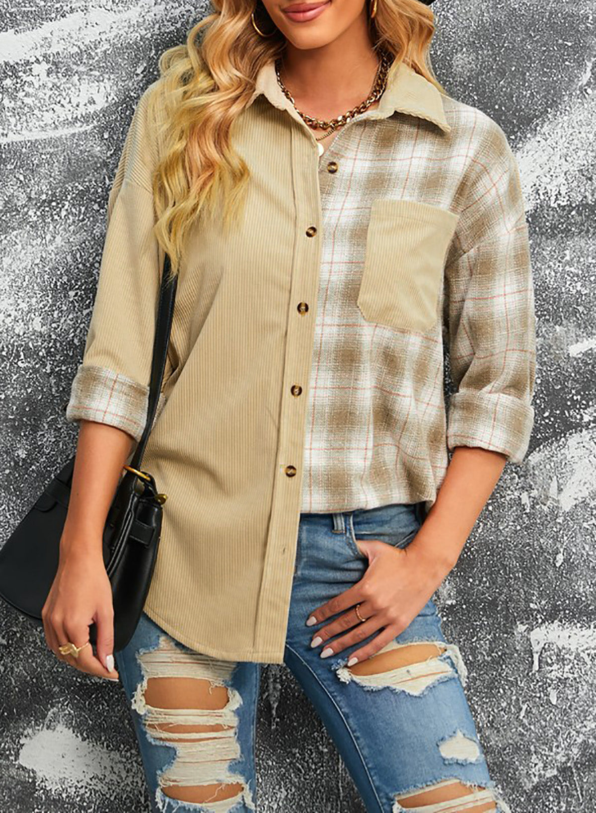 Street Wave Corduroy Shacket For Women Plaid Colorblock Button Front Cozy Casual