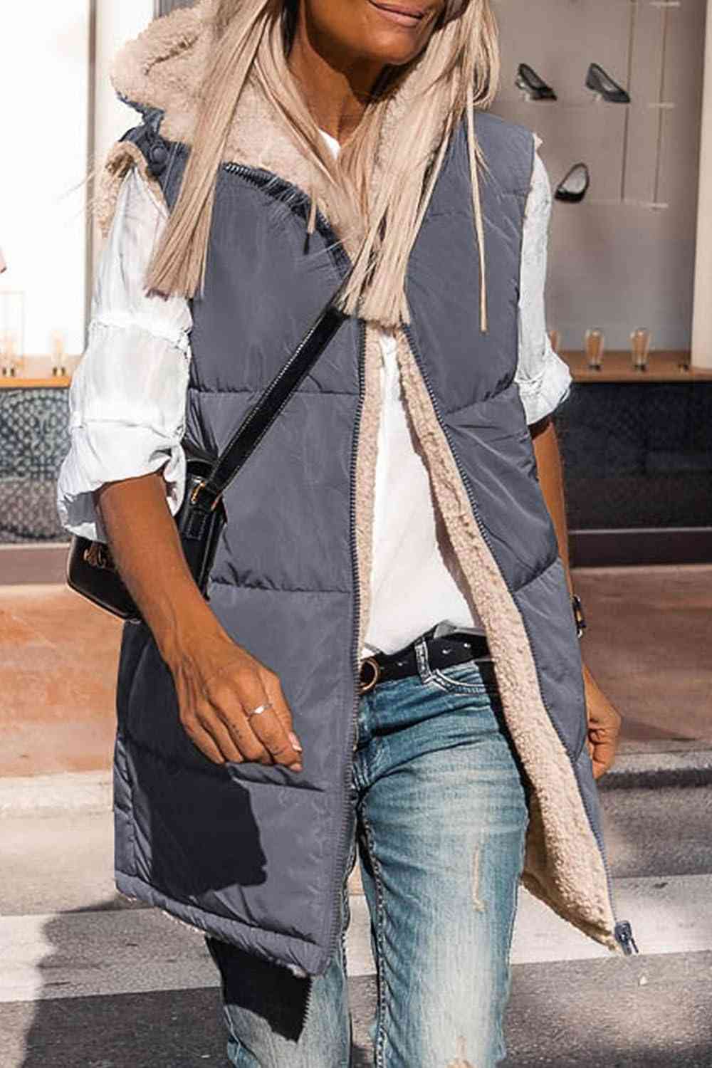 Street Wave Zip Up Longline Puffer Vest Hooded For Women Plush Lining Warmth Winter Ready