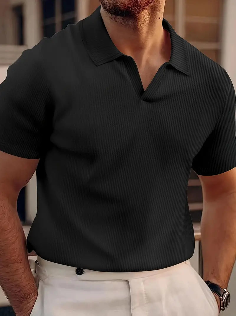 Street-Wave Ribbed Knit Polo Shirt Men Short Sleeve V-Neck All-Day Comfort