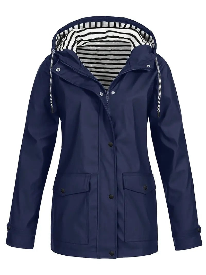 Street-wave Women's Waterproof Raincoat With Striped Lining Hooded Coat Trendy All-Weather Jacket