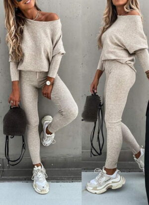 Street Wave Off Shoulder Knit Set With Leggings For Women Trendy Chic Comfortable Everyday Fashion Essential