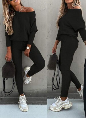 Street Wave Off Shoulder Knit Set With Leggings For Women Trendy Chic Comfortable Everyday Fashion Essential