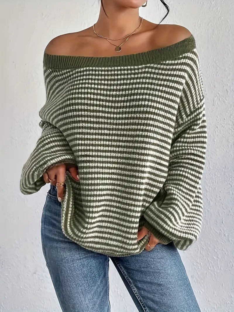Street Wave Striped Puff Sleeve Crewneck Knit Sweater For Women Cozy Autumn Winter