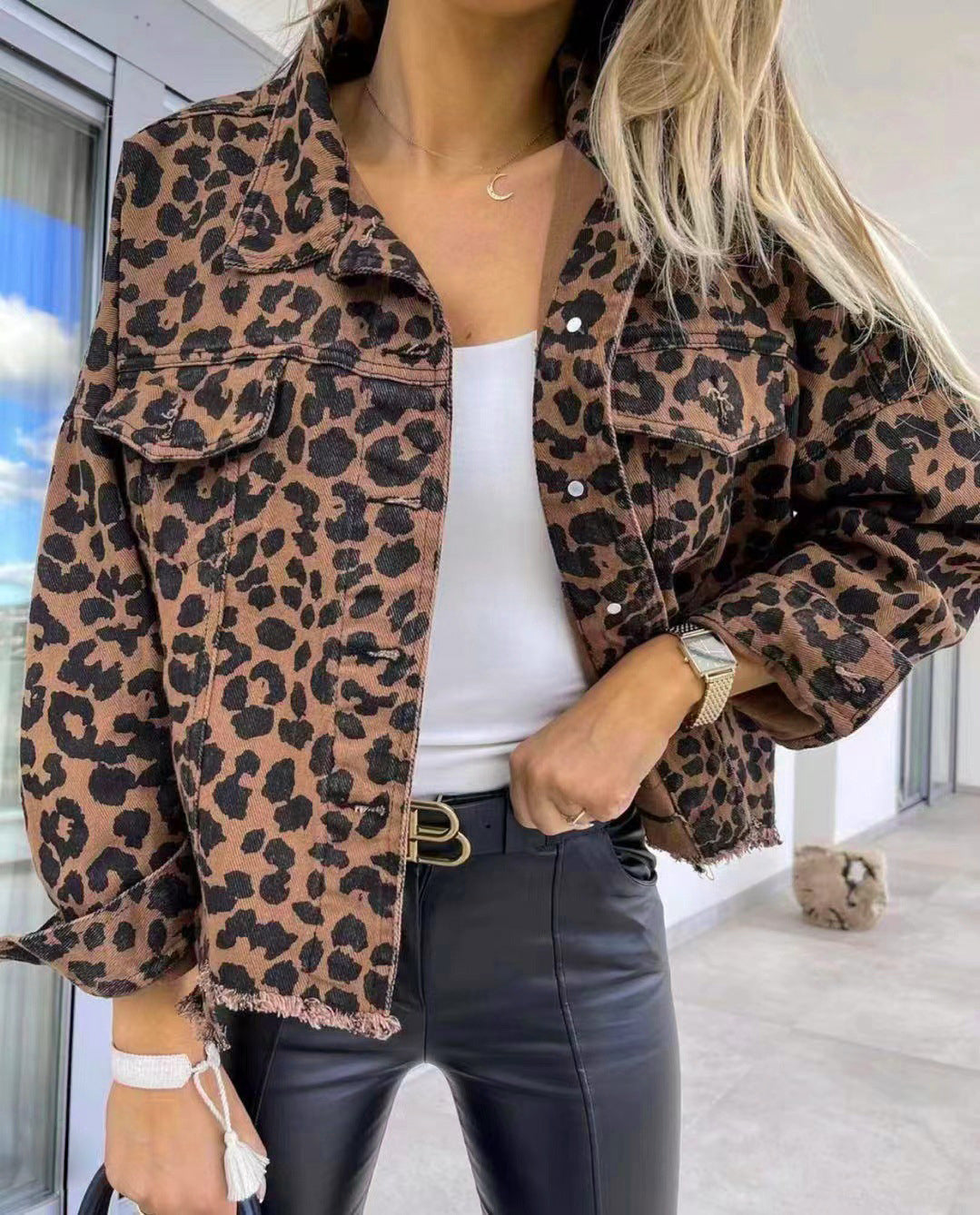 Street-Wave Leopard Print Denim Jacket For Women With Raw Hem Bold Streetwear Outerwear