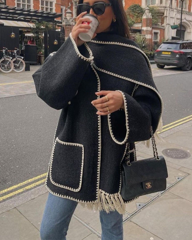Street-wave Wool Cape Coat With Fringed Hem And Contrast Stitching For Fashionable Women