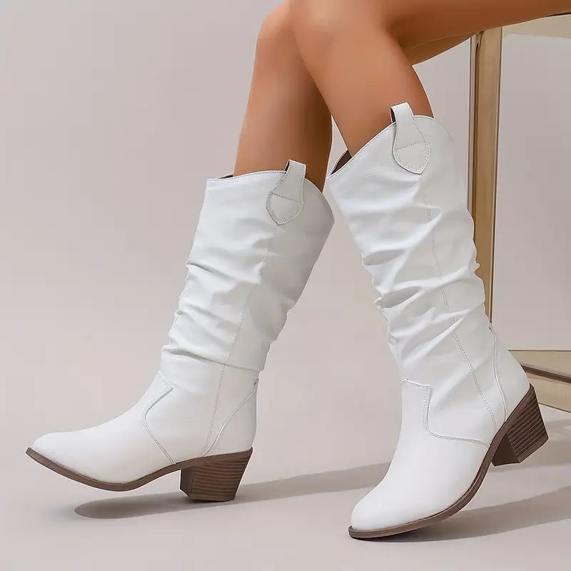 Street Wave White Leather Chunky Heel Boots With Pointed Toe For Women Stylish Everyday Wear