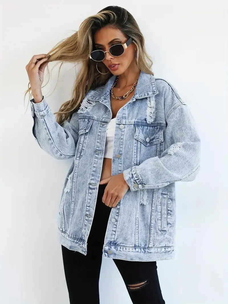 Street-wave Oversized Denim Jacket For Women Warm Cozy Fit Distressed Details Vintage Look