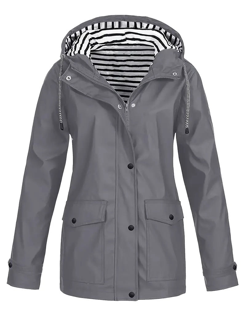 Street-wave Women's Waterproof Raincoat With Striped Lining Hooded Coat Trendy All-Weather Jacket