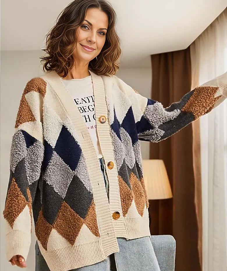 Street-wave Womens Argyle Knit Cardigan Vest for Cozy Everyday Style and Warmth All Day Comfort
