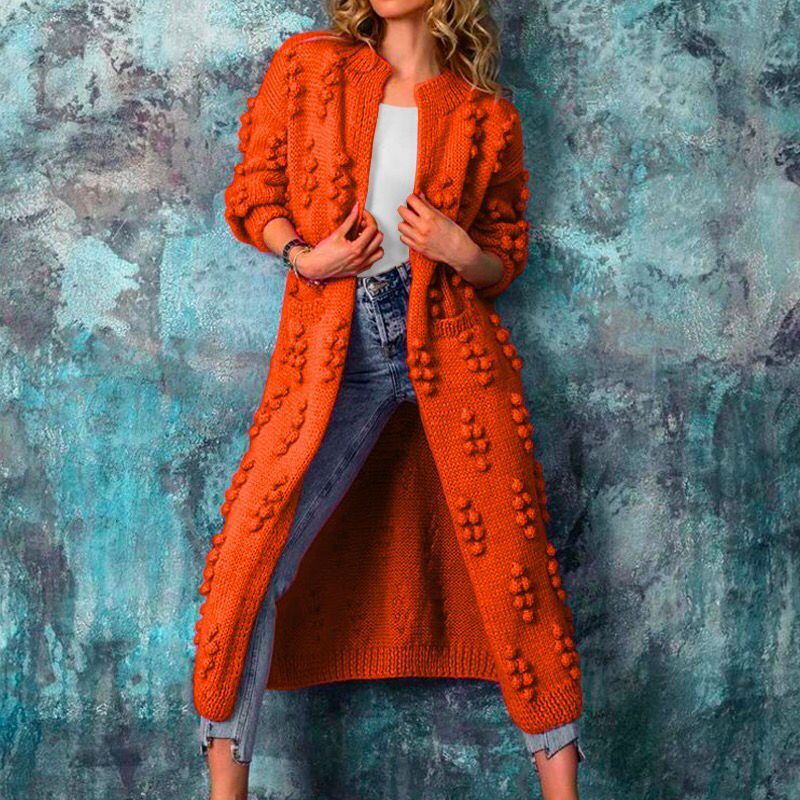 Street-wave Women's Long Knit Coat With Textured Bobble Detailing Cozy Chic Autumn Outerwear For Women
