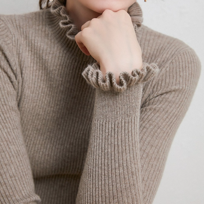 Street-wave Norelle Roll Neck Knit Pullover With Delicate Ruffle Details For Women, Cozy Everyday Style