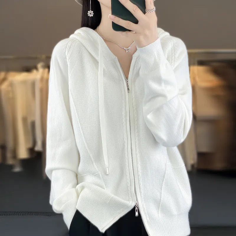 Street Wave Cardigan Cozy Pink Knit Zip Front Warm Hoodie For Women Autumn Winter