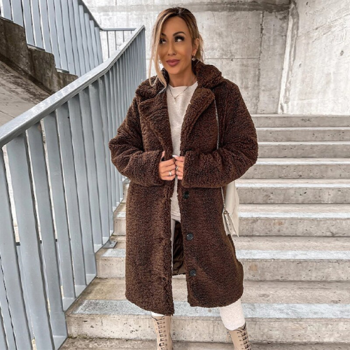 Street-wave Womens Long Teddy Coat With Button Closure Plush Warmth Timeless Elegance