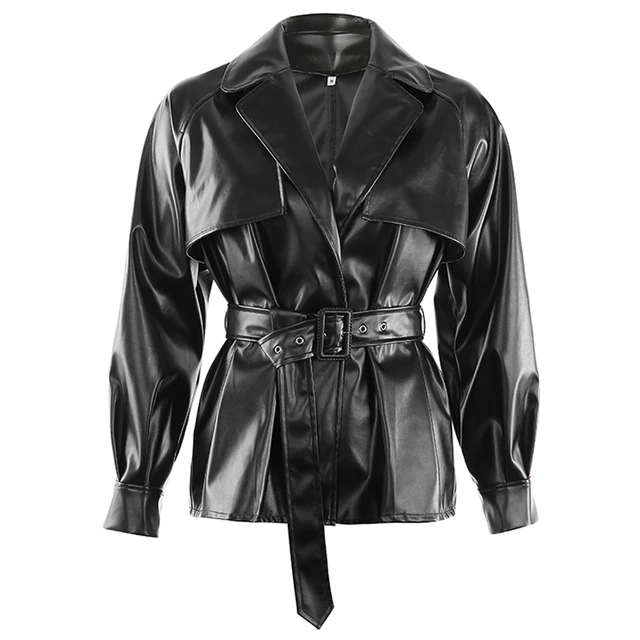 Street-Wave Faux Leather Jacket With Belted Waist And Lapel Collar SingleRow Button Closure Women Streetwear Essential