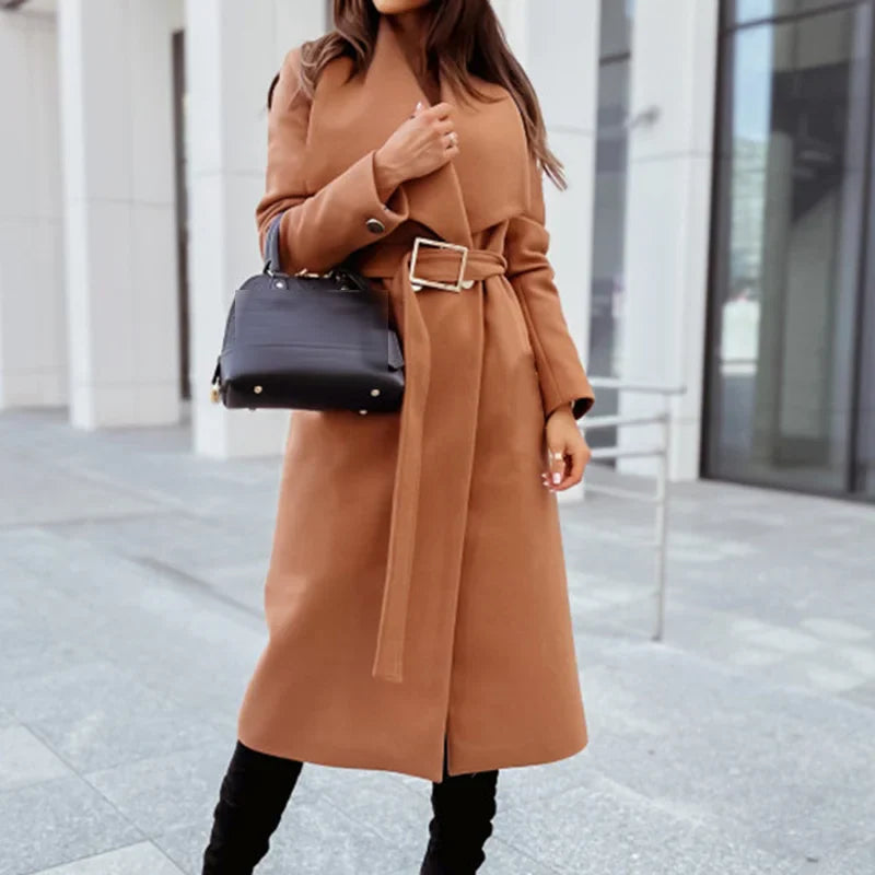 Street Wave Long Wool Coat With Effortless Belted Classic Fit And Wide Lapels For Modern Women