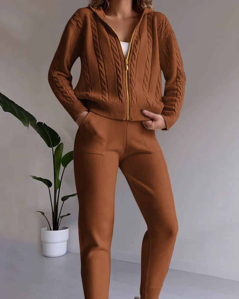 Street-Wave Twist Knit Cardigan Set With Hoodie And Joggers For Women Cozy Breathable Cotton-Poly Tracksuit
