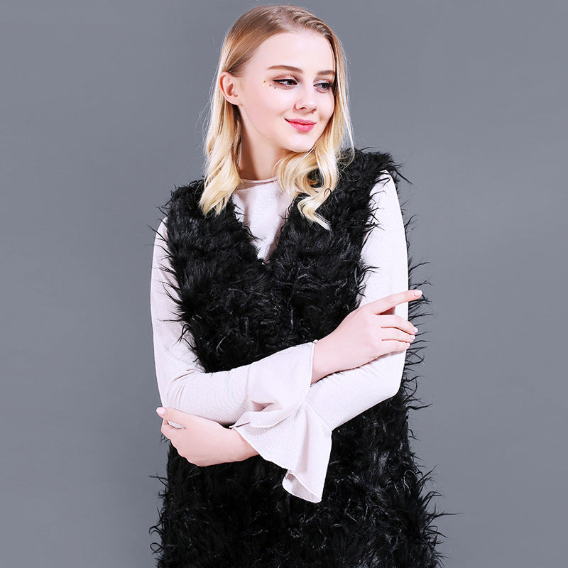Street Wave Fluffy Faux Fur Kaftan Vest For Women With Deep V Neck And Side Pockets