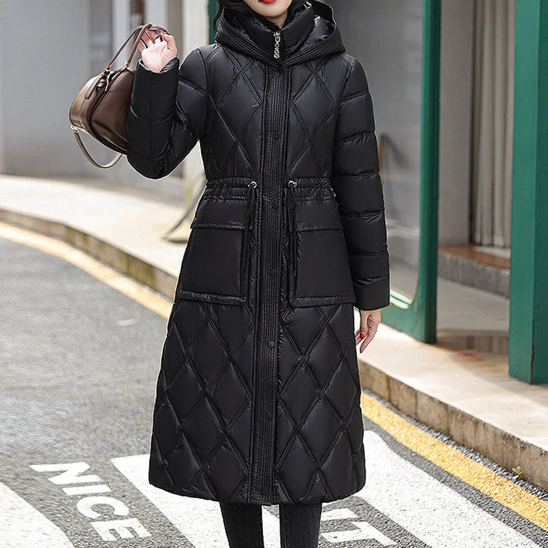 Street-Wave Long Quilted Puffer Coat For Women Insulated Hooded Winter Coat With Drawstring Waist And Large Pockets