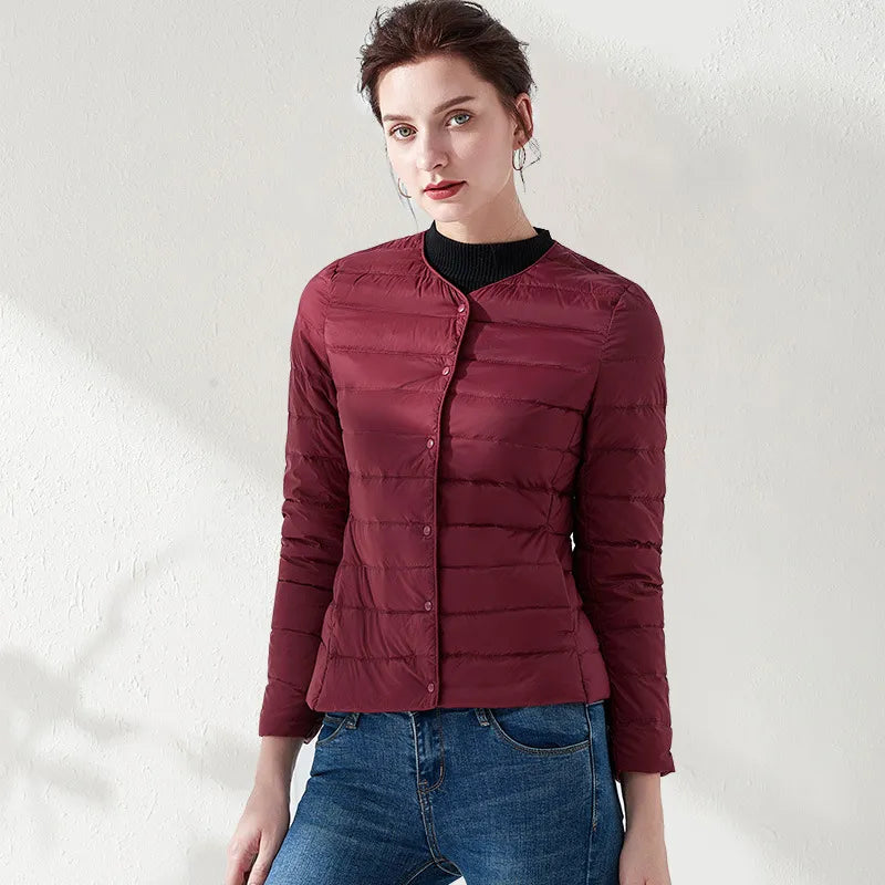 Street Wave Lightweight Collarless Womens Down Jacket Figure Flattering Puffer Coat For Women
