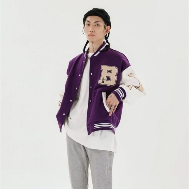 Avelena Embroidered Patch Varsity Bomber Jacket For Women, Urban Streetwear With Bold Patch Details Black Design