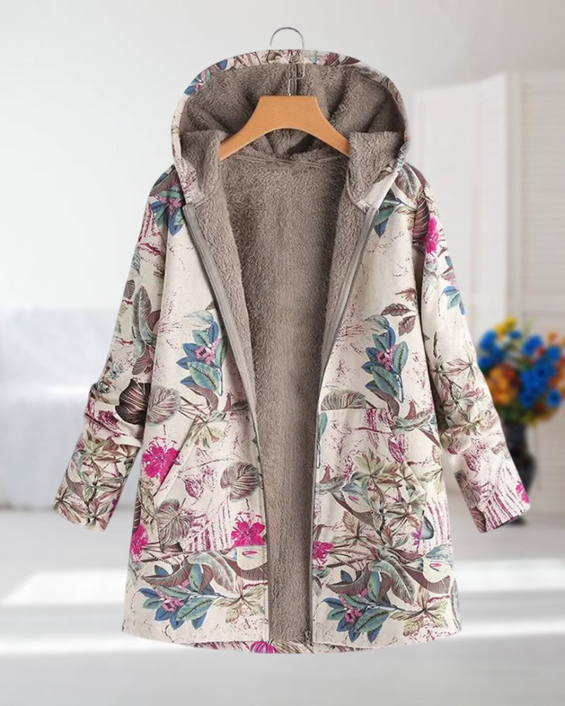 Street Wave Floral Print Winter Jacket For Women With Warm Fleece Lining And Practical Pockets