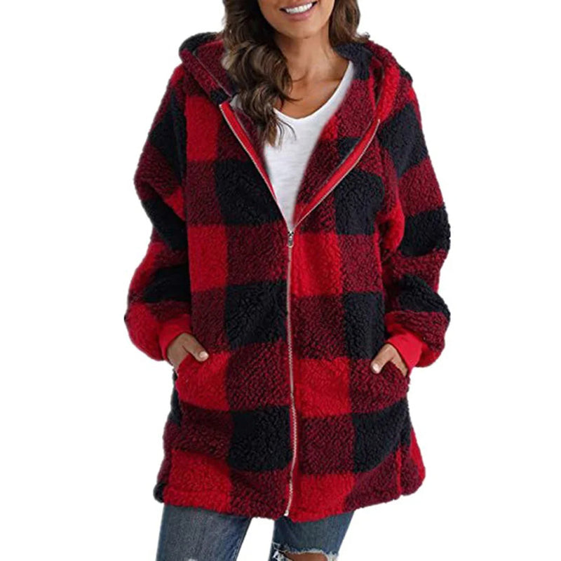 Street-wave Hooded Plaid Coat For Women With Zipper Pockets Warm Cozy Everyday Style