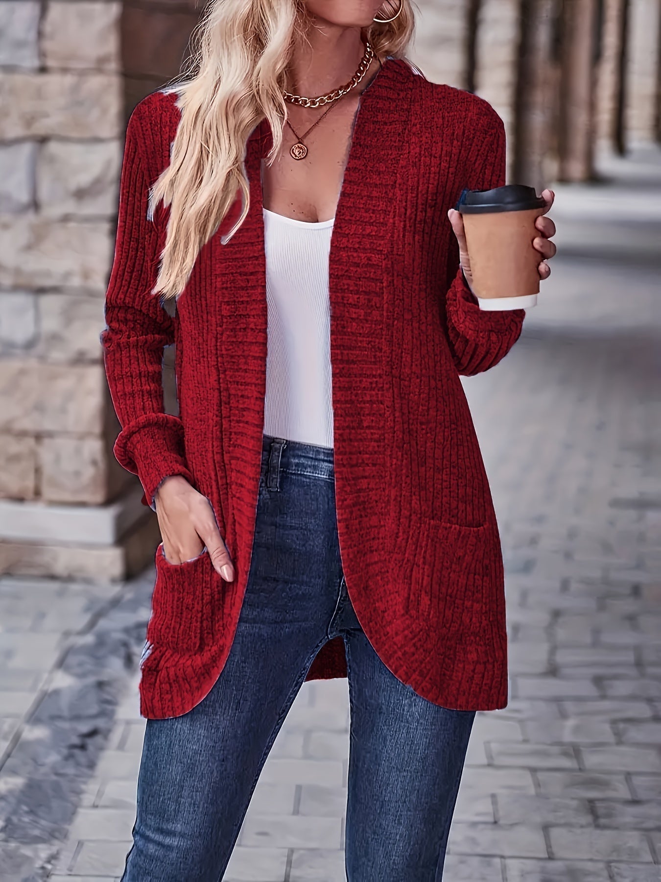 Street-Wave Women's Knit Fleece Cardigan With Pockets, Cozy Warm Comfort For Everyday Wear