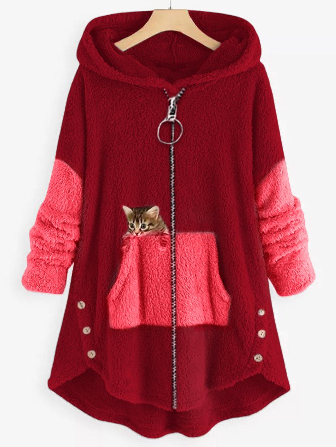 Streetwave Womens Sherpa Coat With Cat Patch Cozy Hooded Fleece Soft Plush Lined Loose Fit