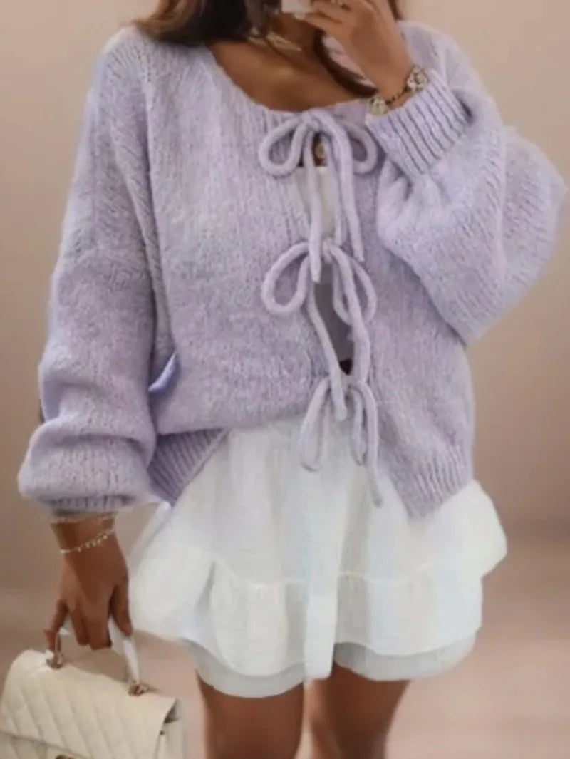 Street-Wave Cozy Knit Cardigan With Tie Front Bow Details For Women Everyday Comfort And Soft Pastel Warmth