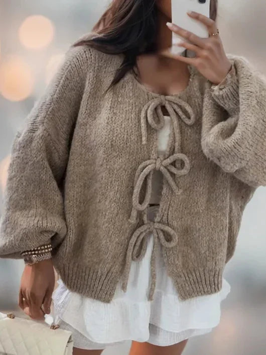 Street-Wave Cozy Knit Cardigan With Tie Front Bow Details For Women Everyday Comfort And Soft Pastel Warmth